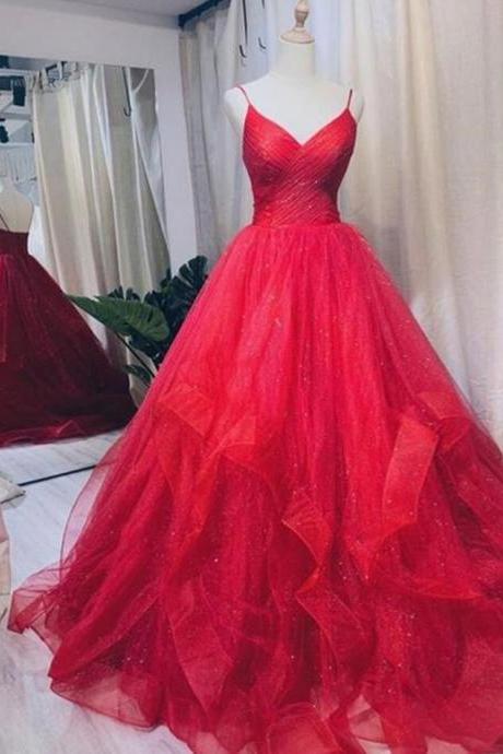 A Line Red Tulle Long Evening Dress