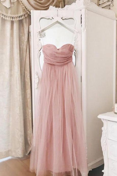 A Line Pink Tulle Long Bridesmaid Dress