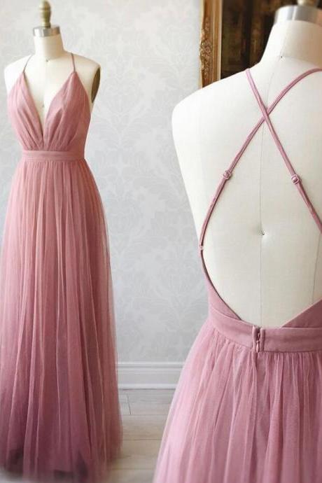 Simple Pink V Neck Tulle Bridesmaid Dress