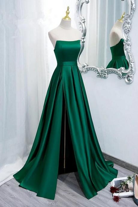 Simple Satin Leg Slit Long Green Prom Dress