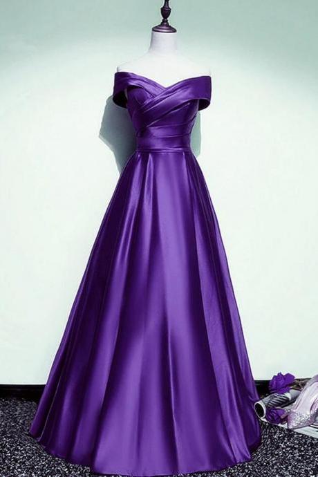 Off Shoulder A-line Purple Satin Long Party Dresses