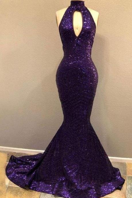Halter Front Slit Backless Purple Sequin Prom Dress