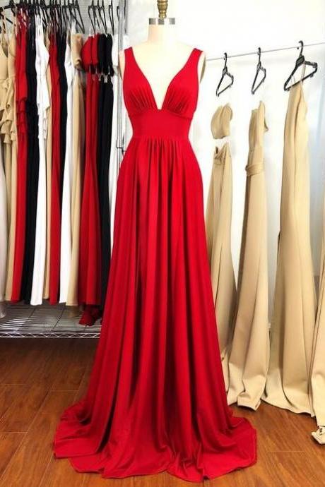 A Line Plunging Neck Prom Dress Red Evening Dress