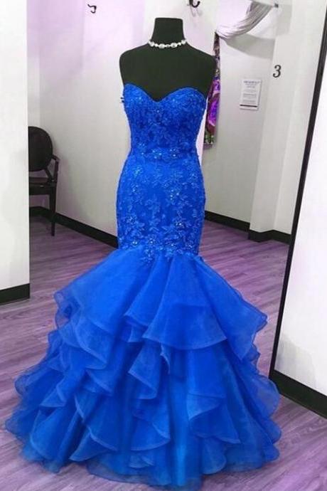 A Line Royal Blue Prom Dress With Tiered Skirt