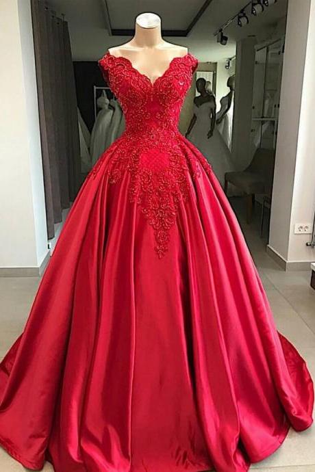 A Line Off The Shoulder Red Ball Gown Prom Dresses