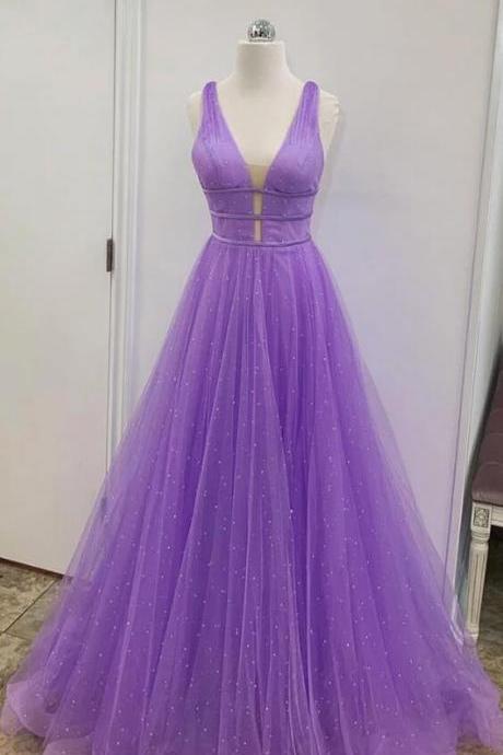 A Line Plunging Neck Long Prom Dress Evening Gown