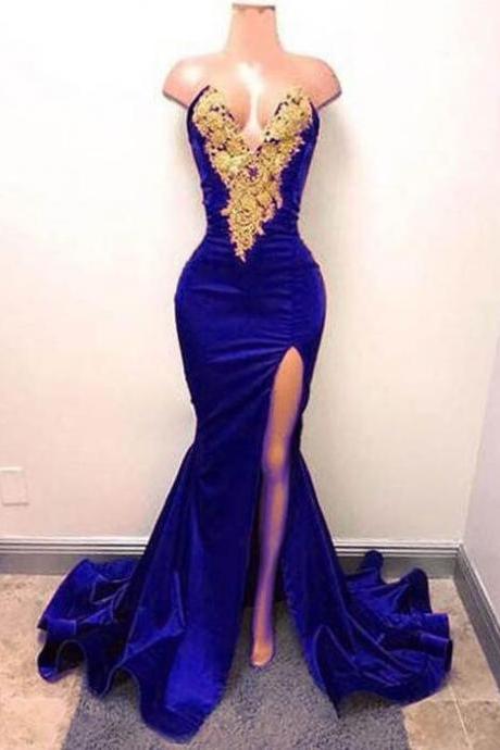 A Line V Neck Royal Blue Prom Dress With Split