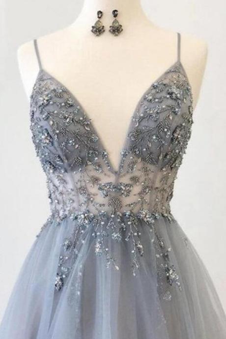 Spghetti Straps Gray Tulle Evening Gowns