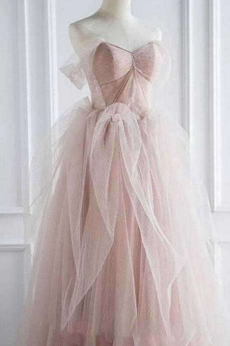 A Line Pink Sweetheart Tulle Long Prom Dress