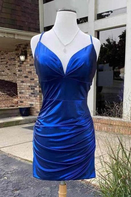 Royal Blue Pleated Tight Homecoming Dress, Short Homecoming Dresses