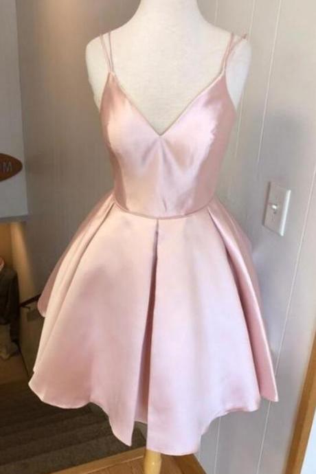 Spaghetti Straps V-neck Simple Pink Homecoming Dresses