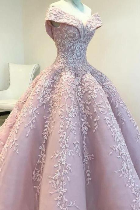 Vintage Off The Shoulder Ball Gown Pink Long Prom Dress