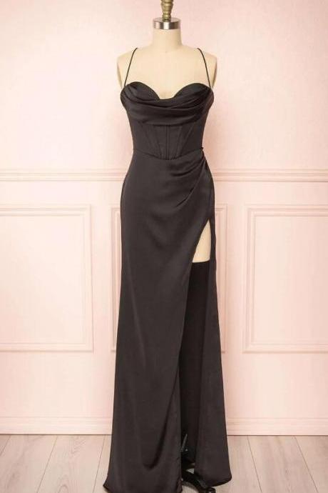 A Line Black Cowl Neck Ruched Long Party Dress