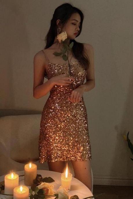 Sexy Rose Gold Formal Dresses, Sexy Formal Dress, Sparkly Evening Dress
