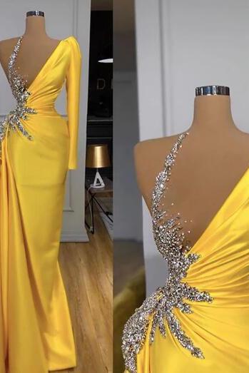 One Shoulder Yellow Evening Dress, Luxury Evening Dresses