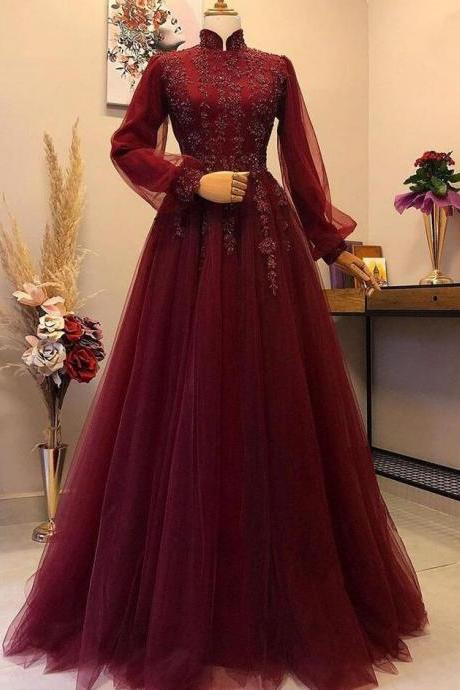 A Line Wine Red Long Evening Dresses Full Sleeve Formal Dress