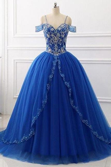 Charming Off The Shoulder Blue Sequin Beaded Prom Dress
