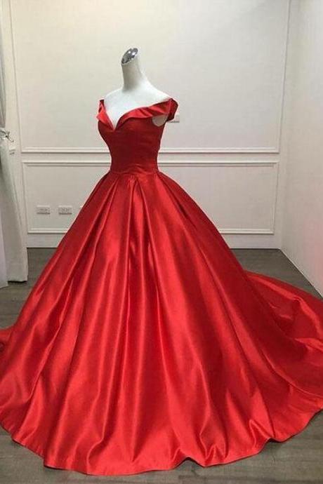 Off The Shoulder Long Red Prom Dress,satin Evening Dress With Sweep Train