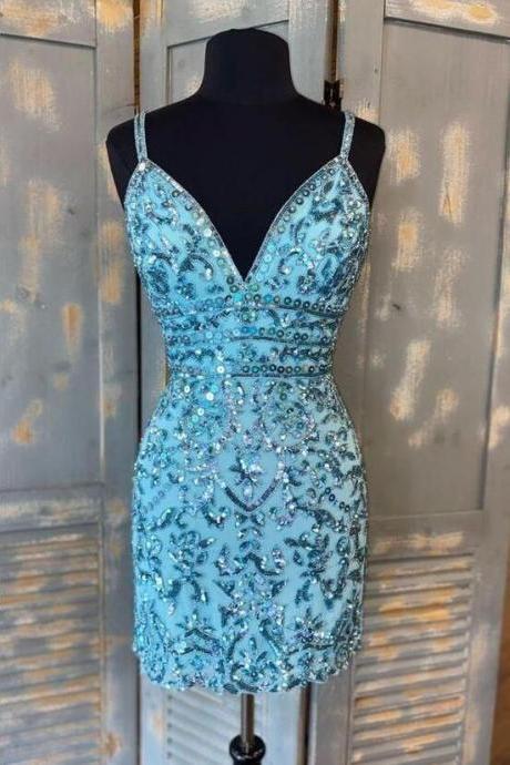 Sexy Tight Blue Sequins Short Homecoming Dress