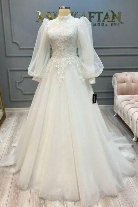 A Line High Neck Ivory Lace Wedding Dresses With Long Sleeves