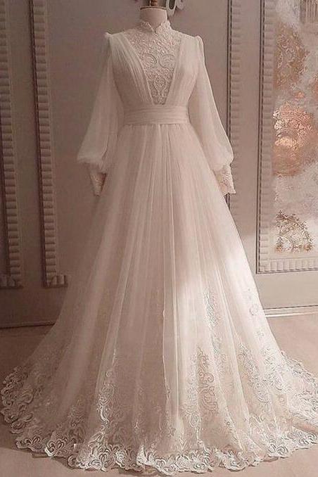 A Line Long Sleeve High Neck Wedding Gown Modest Wedding Dress