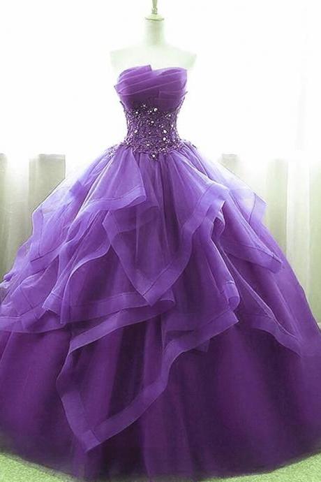 Ball Gown Purple Organza And Tulle Party Dress With Lace Appique