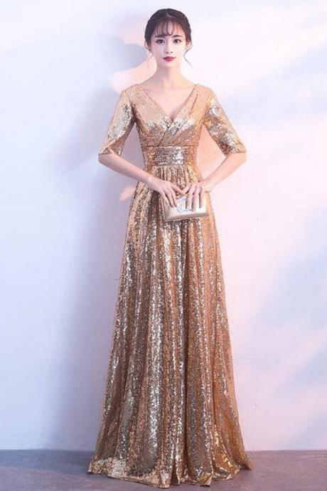 Gold Sequins Long V-neckline Bridesmaid Dress