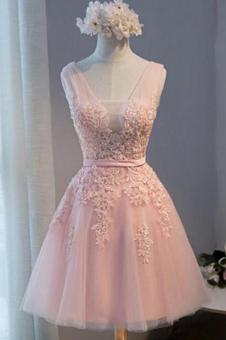 Cute Pink Short V-neckline Evening Tulle Prom Dress