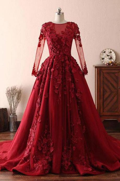 Vintage Burgundy Round Neck Lace Long Prom Dress