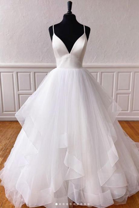 White V Neck Tulle Long Wedding Dress