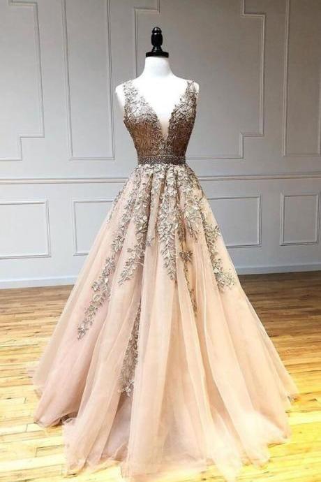 Champagne V Neck Tulle Lace Beads Long Prom Dress