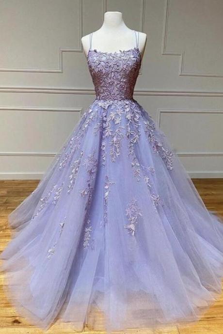 A Line Backless Purple Lace Prom Dresses