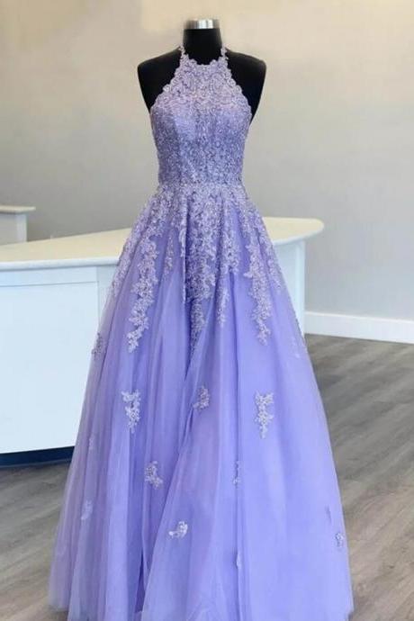 Halter Neck Long Purple Lace Prom Dresses Evening Dresses