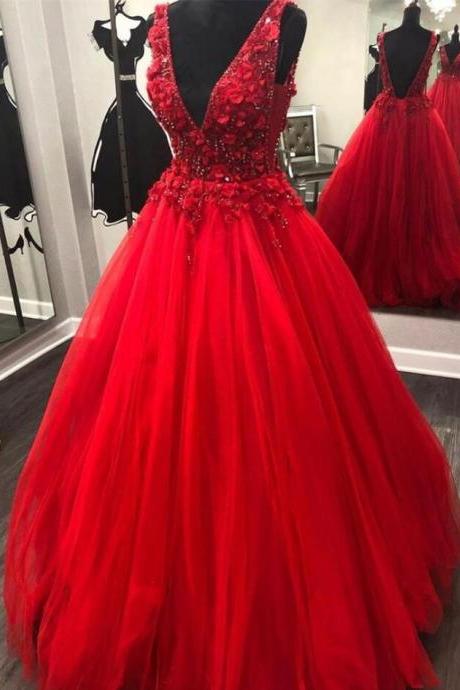 Charming V Neck Beading Red Lace Floral Long Prom Dresses