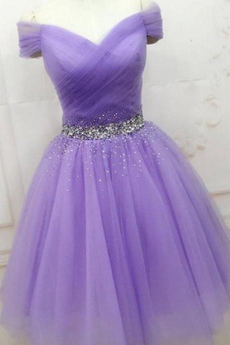 Off Shoulder Short Purple Prom Dresses With Beaded