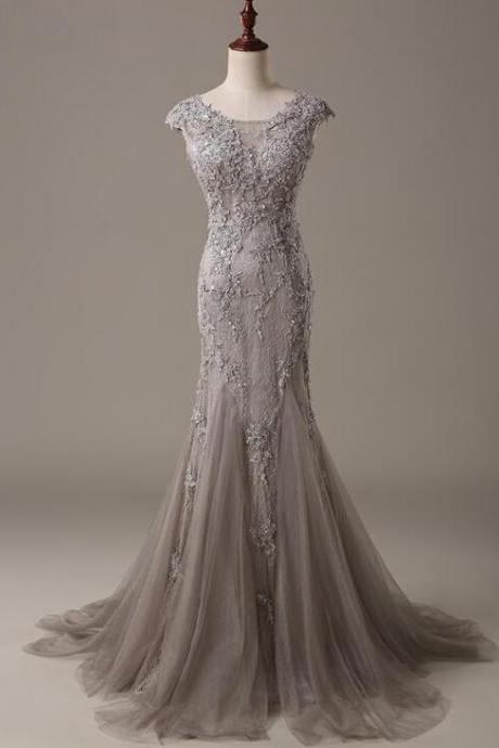 Mermaid Cap Sleeve Vintage Evening Dresses Long Modest Lace Applique Prom Dress