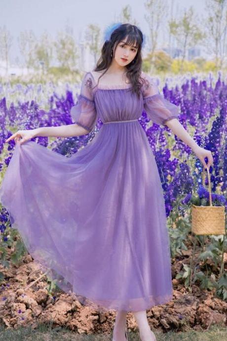 Embroidery Puff Sleeve Vintage Style Purple Prom Dress