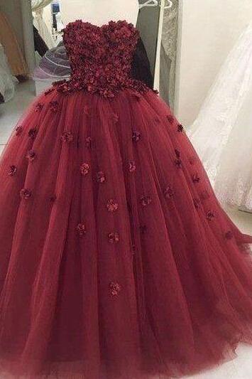 Sweetheart Wine Red Tulle Prom Dress With Lace