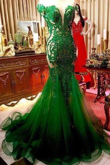 Elegant Green Evening Dresses Long Mermaid Lace Applique