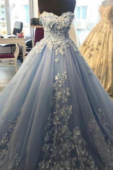 Elegant Blue Ball Gown Lace Applique Prom Dress