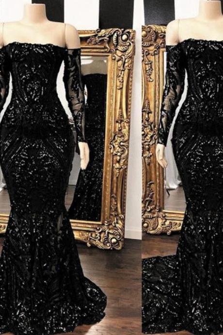 Modest Sparkly Sequin Black Evening Dresses Long Sleeve