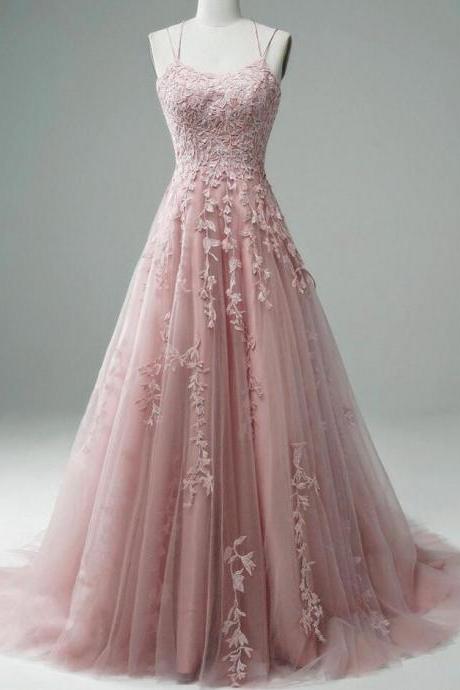 Spaghetti Straps Pink Prom Dresses With Lace Applique
