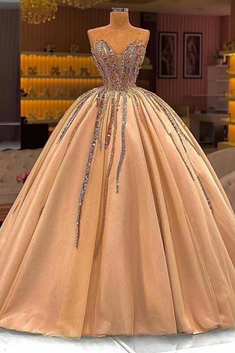 Vintage Ball Gown Gold Prom Dresses, Beaded Prom Dresses