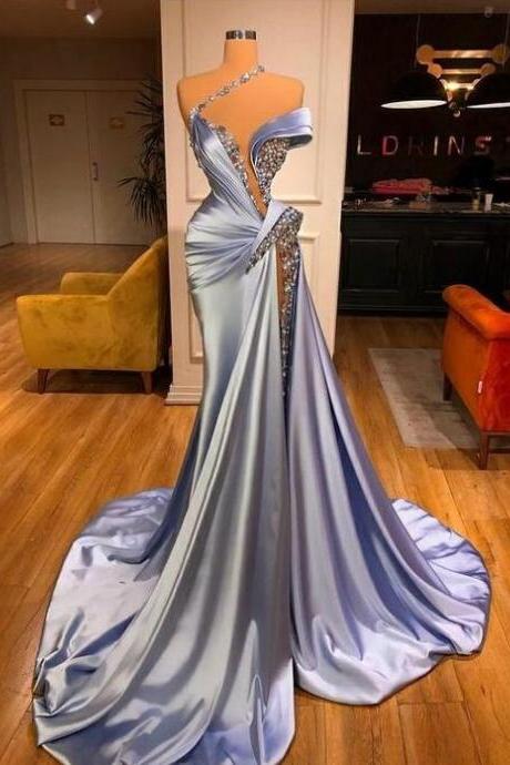 Mermaid Modest Blue Beaded Evening Dresses