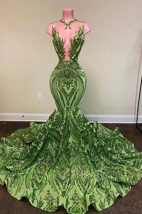Mermaid Green Long Modest Sparkly Sequin Applique Evening Dresses