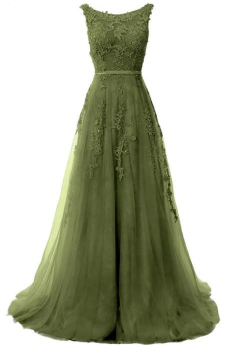 A Line Lace Boat Neck Sleeveless Prom Dresses Formal Evening Gown