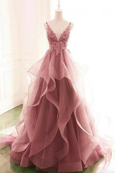 Elegant spaghetti strap tulle rose pink prom dresses 