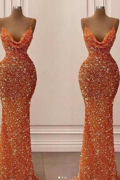 Spaghetti Straps Sparkly Evening Dresses Orange Glitter Mermaid Prom Dress