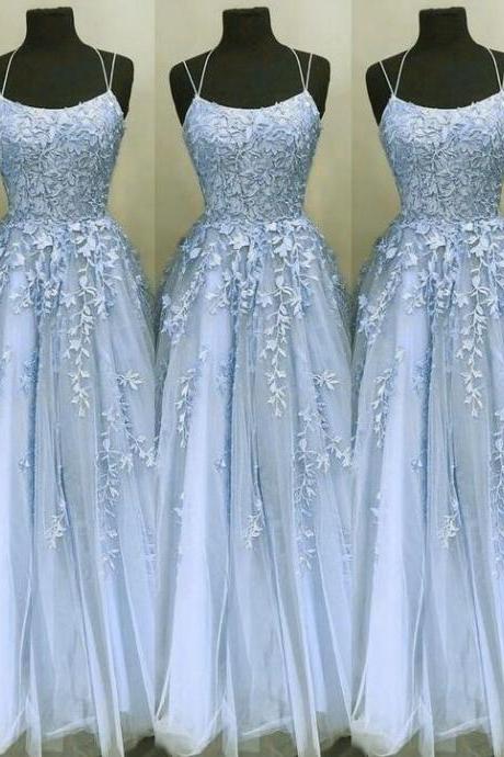 Spaghetti Strap Elegant Blue A Line Prom Dress With Lace