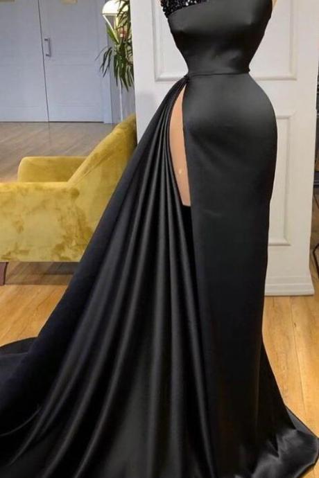 Elegant Black Beaded Vestidos De Gala Satin Modest Prom Dresses